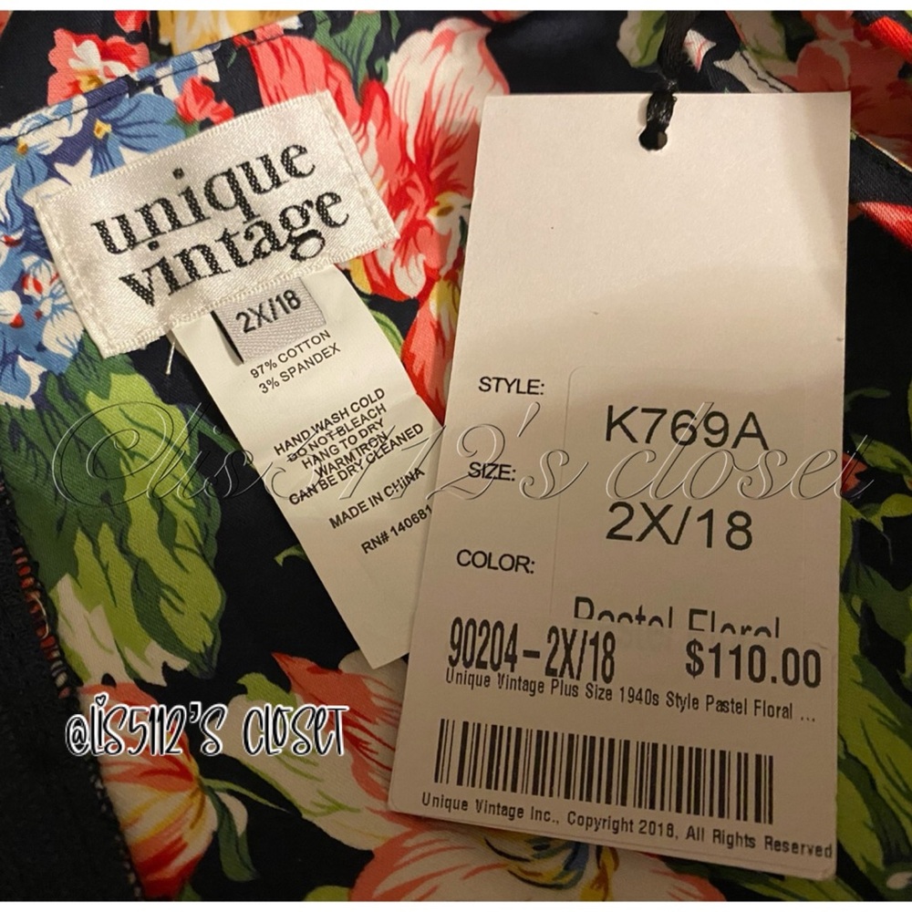 Unique Vintage Navy Garden Party Floral Print Pinup Retro Swing Dress 2X 18 - Picture 6 of 14